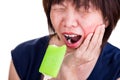 Closeup Asian women with toothache pain after biting ice cream