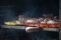 Closeup of assorted meat barbacue: pork, chicken and beef on the grill Royalty Free Stock Photo