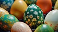 Closeup of assorted vibrant painted eggs, AI-generated.