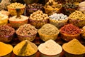 Closeup of an assortment of dried fruits and vegetables and spices for sale