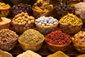 Closeup of an assortment of dried fruits and vegetables and spices for sale