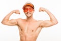 CLoseup of attractive young man flexing bicep muscles on white b