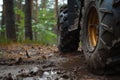 closeup of an atvs muddy wheel in the forest Royalty Free Stock Photo