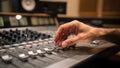 Closeup of an audio engineer adjusting final loudness levels on a digital console with blurred studio background Royalty Free Stock Photo