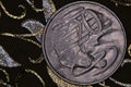 Closeup of an Australian 20 cent coin.