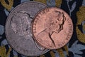 Closeup of an Australian 2 and 20 cent coin.