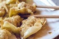 Closeup Authentic Asian Lunchtime Homemade Chinese Dumplings Chopsticks Plate Soy Sauce. Vintage Look