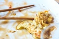 Closeup Authentic Asian Lunchtime Homemade Chinese Dumplings Chopsticks Plate Sweet Chli Sauce. Vintage Look