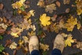 autumnal leaves fallen on the road with feeet of man wearing winter boots in the street