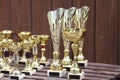 Closeup of awards for winners in sport competition outdoors Royalty Free Stock Photo