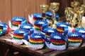 Closeup of awards for winners in sport competition outdoors Royalty Free Stock Photo