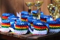 Closeup of awards for winners in sport competition outdoors Royalty Free Stock Photo