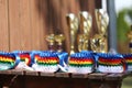 Closeup of awards for winners in sport competition outdoors Royalty Free Stock Photo