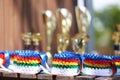 Closeup of awards for winners in sport competition outdoors Royalty Free Stock Photo