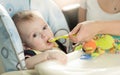 Closeup of baby boy eating puree from spoon Royalty Free Stock Photo