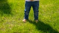 Closeup of baby feet in jeans standing on fresh green grass lawn. Kids outdoors, children in nature, baby playing outside Royalty Free Stock Photo