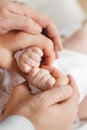 Closeup of baby hand into parents hands. Family concept Royalty Free Stock Photo