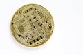 Back of golden bitcoin virtual coins isolated on white background