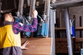 Closeup view man holding hydraulic press lever