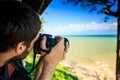 Closeup Backside Bearded Guy Photos Seascape