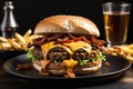 Closeup of a bacon cheeseburger on a toasted bun and french fries on a black plate