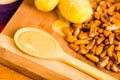 Closeup bacon skin, potatoes and tostados lying on wooden surface, traditional ecuadorian dish Royalty Free Stock Photo