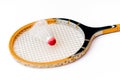 Closeup Badminton racket and shuttlecock isolated on white top view