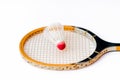 Closeup Badminton racket and shuttlecock isolated on white top view