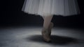 Ballerina legs dancing on tiptoe. Ballet dancer feet performing in pointe shoes.