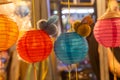Closeup of Bamboo lantern with stuffed rabbit and flashing lights