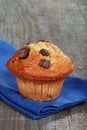 Closeup banana chocolate muffin with napkin