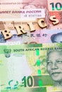 Closeup of banknotes of BRICS countries