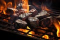 Closeup of barbecue grill with fire flames. Shallow depth of field, Barbecue Grill Pit With Glowing And Flaming Hot Charcoal Royalty Free Stock Photo