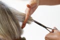 Closeup barber with Scissors cutting hair