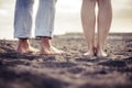 Closeup barefoot two couple of caucasian feet portrait on the beach. viewed from behind, love and intimate concept for young Royalty Free Stock Photo