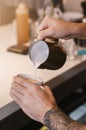 Closeup Of Barista`s Hands Making Cappuccino Coffee In Cafe Royalty Free Stock Photo