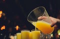 a closeup of a barman preparing yellow and spicy drink shots in small glasses. Royalty Free Stock Photo