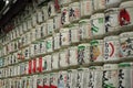 Closeup of barrels of sake near meiji shrine