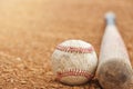 Closeup of baseball bat and ball on field Royalty Free Stock Photo