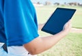 Closeup, baseball or outdoor with a tablet, screen or social media with connection, athlete or fitness. Person, hands or