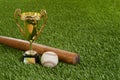 Closeup baseball trophy with bat and hard ball Royalty Free Stock Photo