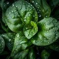 Closeup of basil leaves with water drops. AI-generated.