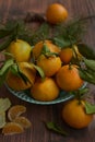 Closeup basket with ripe juicy tangerines and coniferous twigs on a brown wooden table