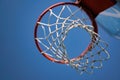 Closeup of basketball basket net of white rope view from underneath against a blue sky Royalty Free Stock Photo