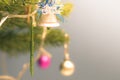 Closeup bauble hanging from a decorated Christmas tree on blurred background