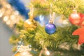 Closeup bauble hanging from a decorated Christmas tree on blurred background