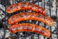 Closeup BBQ with fiery sausages on the grill Royalty Free Stock Photo
