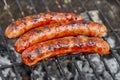 Closeup BBQ with fiery sausages on the grill Royalty Free Stock Photo