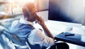 Closeup Bearded Businessman Wearing White Shirt Waistcoat Working Modern Loft Startup Computer.Creative Young Man Using Royalty Free Stock Photo