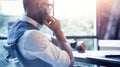 Closeup Bearded Businessman Wearing White Shirt Waistcoat Working Modern Loft Startup Computer.Creative Young Man Using Royalty Free Stock Photo